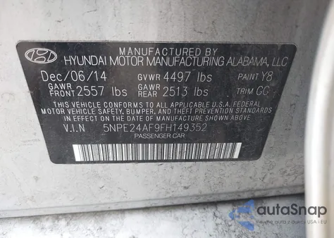 2015 Hyundai Sonata Se from USA, damaged, VIN 5NPE24AF9FH149352